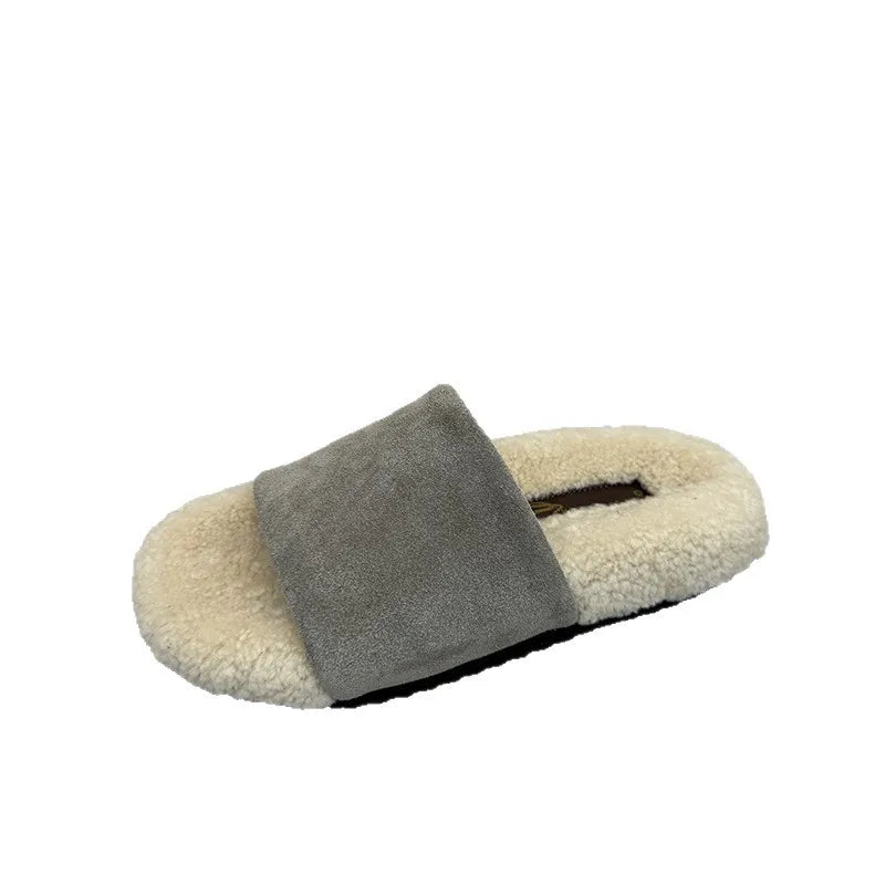 Flats Women Slippers Fur Casual Shoes Suede 2025 Winter Open Toe