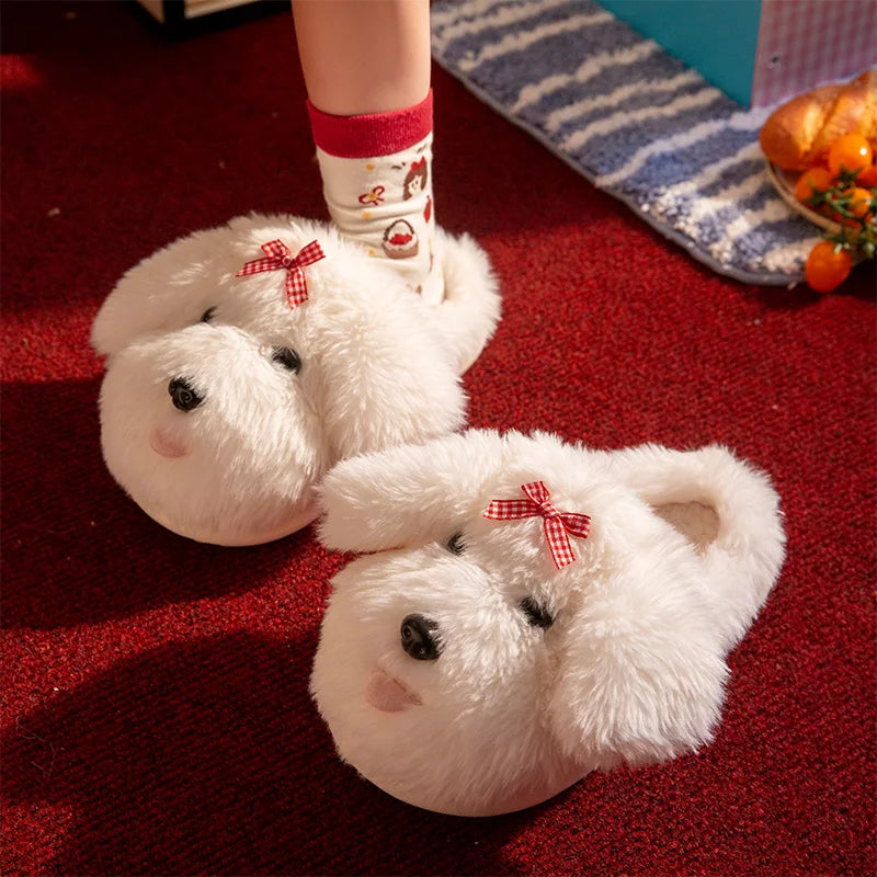 SHAJI Cute Cotton Dog Home Slippers Women Winter Bowtie Decor Indoor