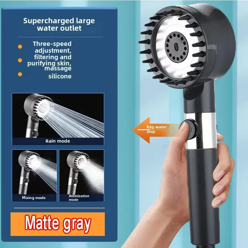 Black High Pressure Shower Head Rainfall 3 Modes Adjustable Boost Filter Holder One Click Water Stop Bathroom Accessories Zpaxo shower head B