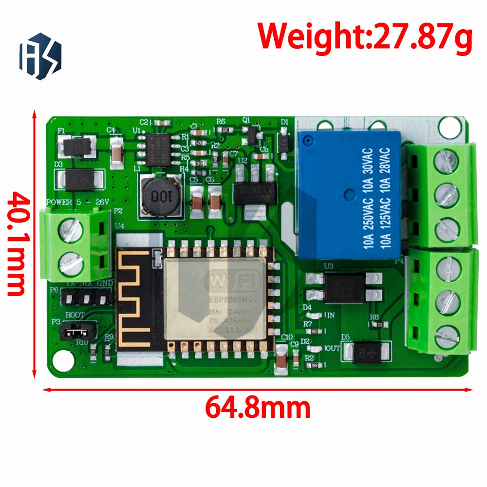 ESP8266-12F Wifi Relay Shield Module 1-Channel 10A DC 7-30V Zpaxo
