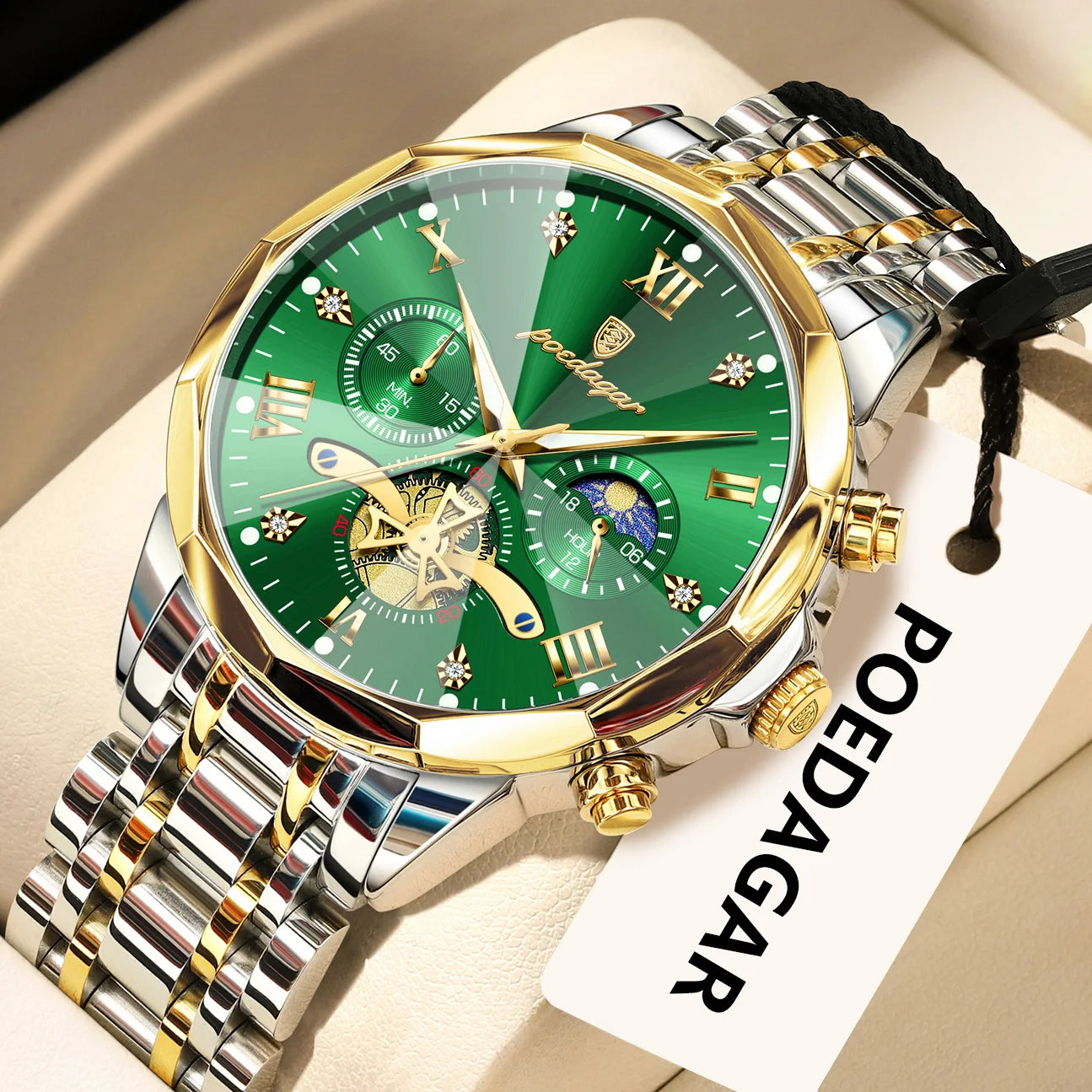 POEDAGAR Luxury Original Men Watch Waterproof Luminous Chronograph Man Wristwatch Stainless Steel Quartz Top Men's Watches Reloj Zpaxo 938 Gold Gold Green