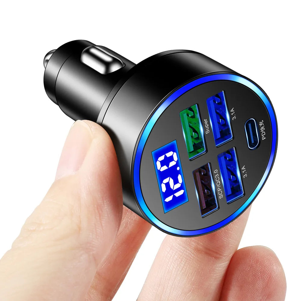 250W 5-Port USB-C Car Charger – PD & QC 3.0 Fast Charge