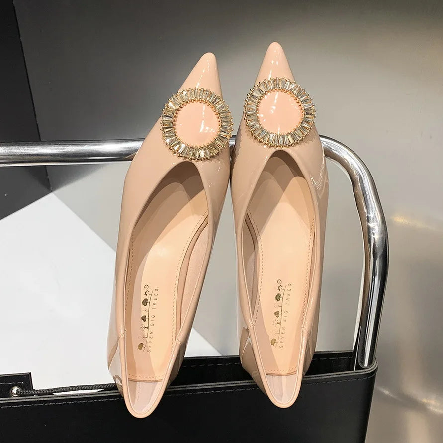 Flat Shoes for Women Spring and Autumn Shiny Patent Leather Shallow Mouth Pointed Metal Rhinestone Buckle Ladies Shoes Women Zpaxo