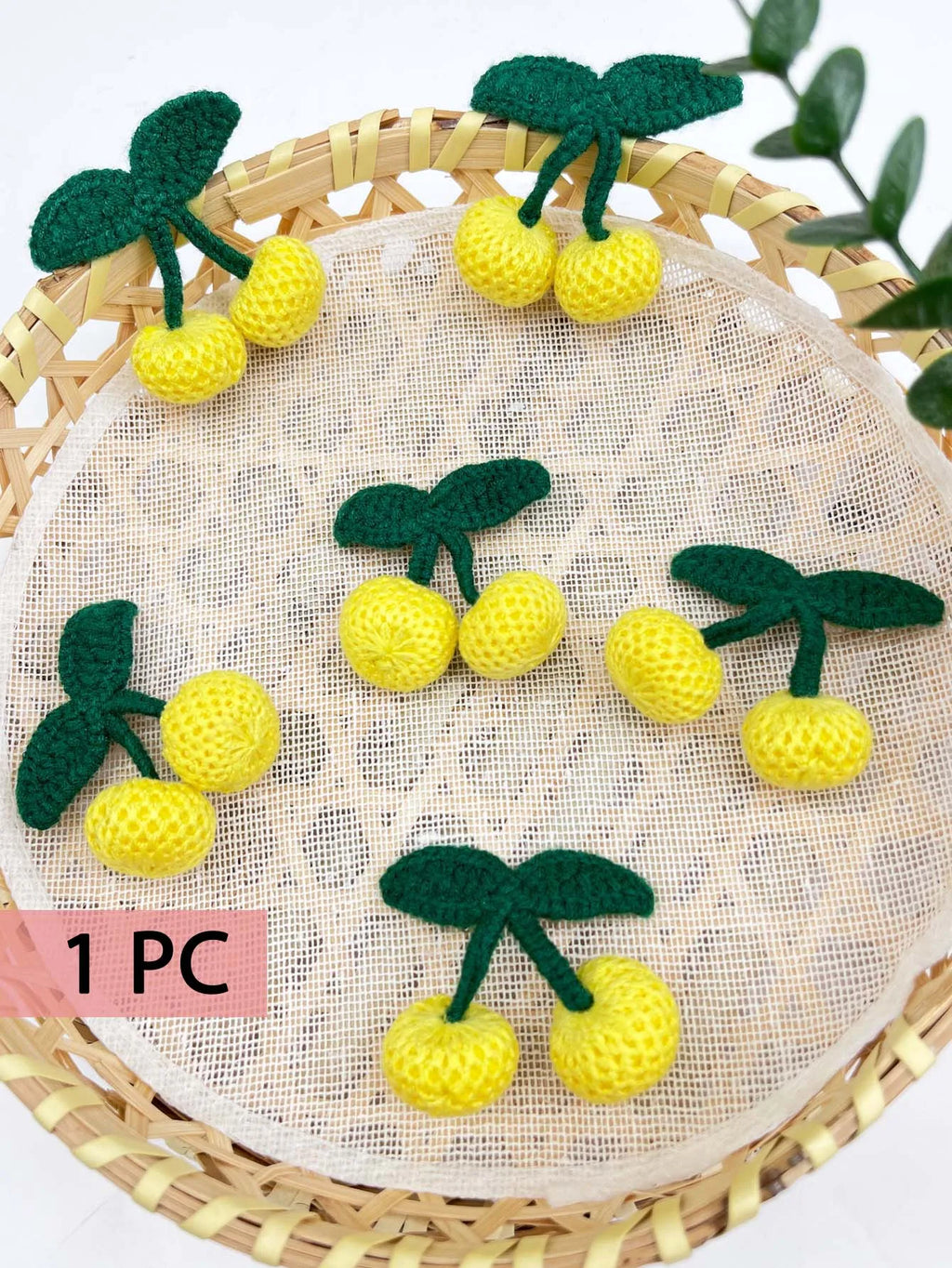1PC Knitting Red Pink Yellow Cherry Brooch Hook Weaving Ornaments Fruit Chest Flower Cute Bag Clothing Pendant Decorations DIY Zpaxo yellow
