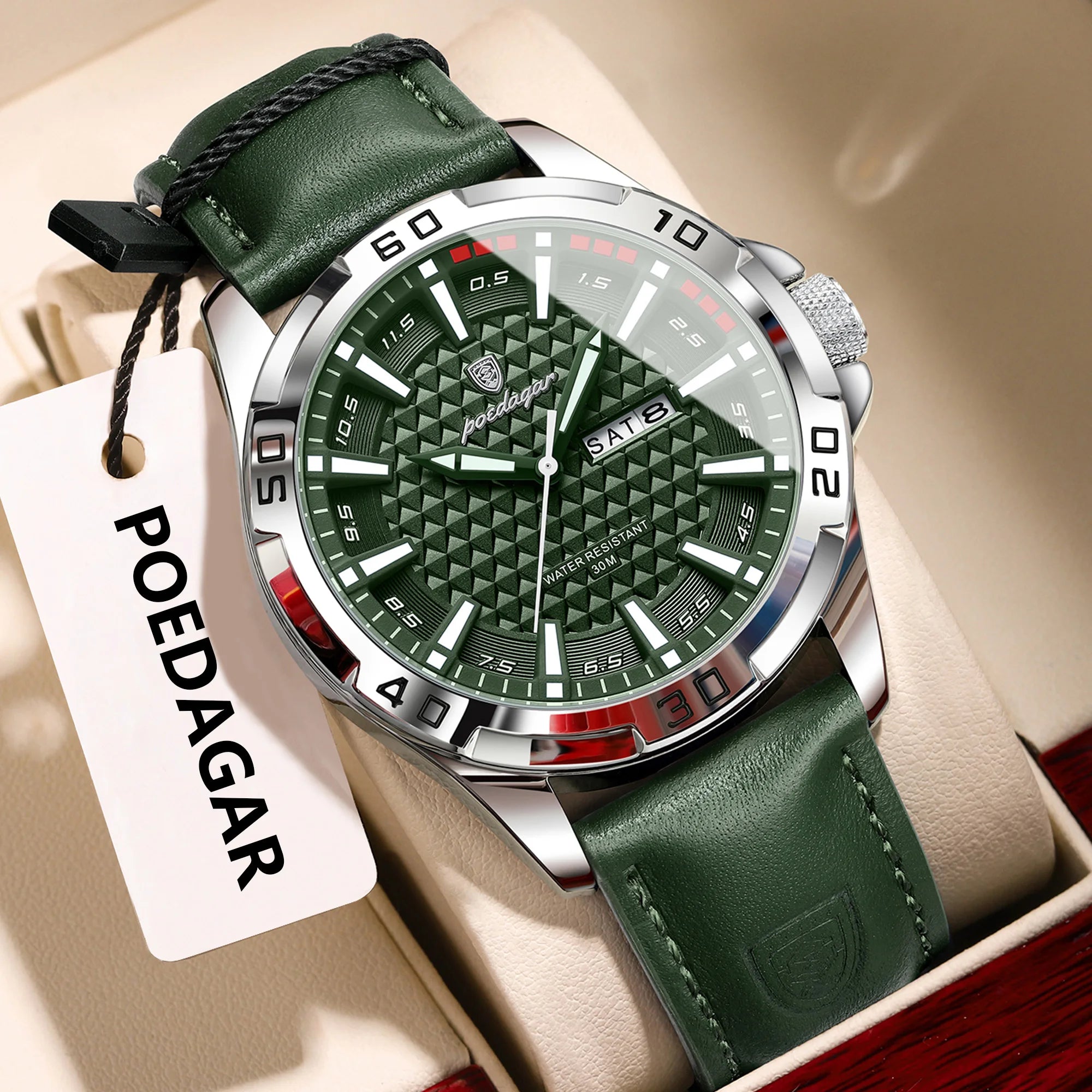POEDAGAR Original Men Watch Luxury Waterproof Luminous Date Week Watch For Man Quartz Leather Fashion Men's Watches Reloj Hombre Zpaxo 895 Silver Green