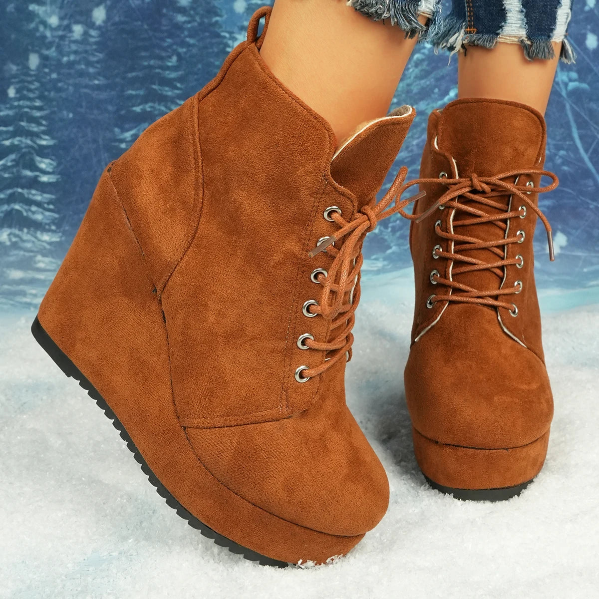 2025 New Women Boots Plus Size Chunky Platform Ankle Boots Woman Autumn Winter Short Booties Fashion Lace Up Wedge Shoes Women Zpaxo