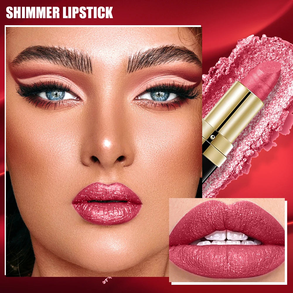 Pearly Glitter Velvet Lipstick,Metallic,Waterproof,Long-lasting,Shimmer,Diamond Lipstick,Glitter Lip Gloss, Lip Cosmetic Makeup Zpaxo