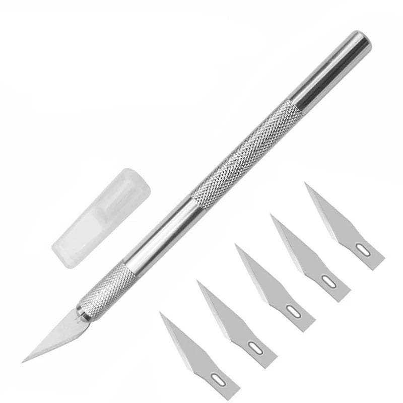 Non-Slip Metal Carving Scalpel Knife Tool Kit Paper Cutter Engraving Craft Knives 5 pcs Blades Mobile Phone PCB Repair Hand Tool Zpaxo Silvery