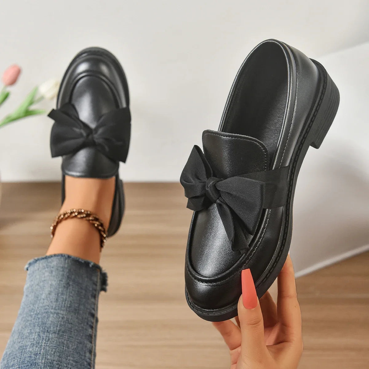 Women Loafers Comfort Soft Sole Platform Sneakers Fashion Bowknot Zpaxo Black matte 41