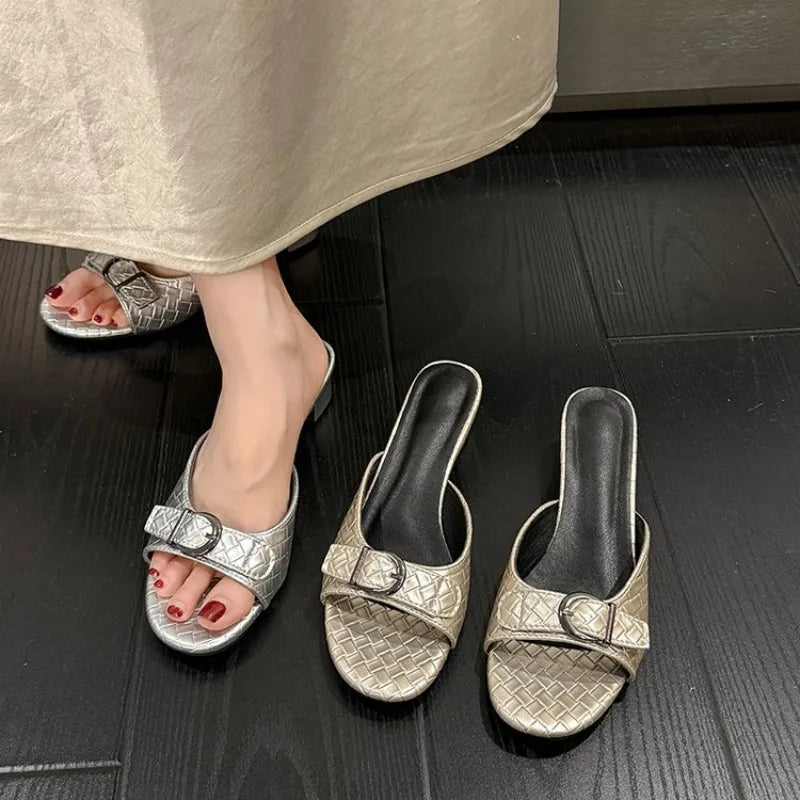 Summer Women's Round Open Toe Comfortable Buckle Heel Slippers Women Zpaxo