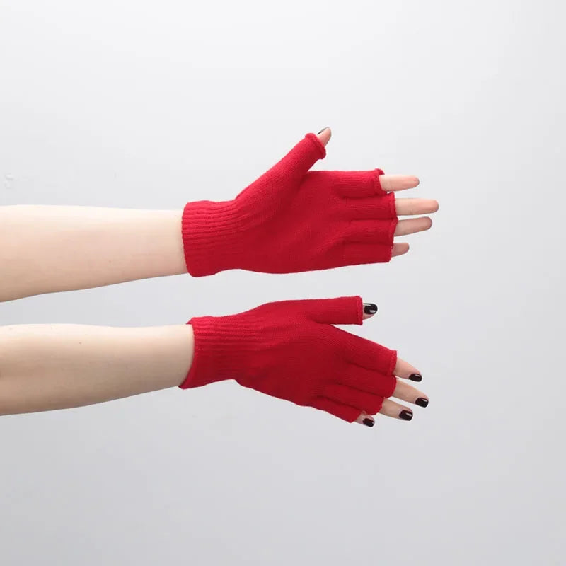1pair Short Half Finger Fingerless Knit Wrist Glove Winter Warm Stretch Work Gloves for Women and Men Cycling Accessories Zpaxo ST008-Red