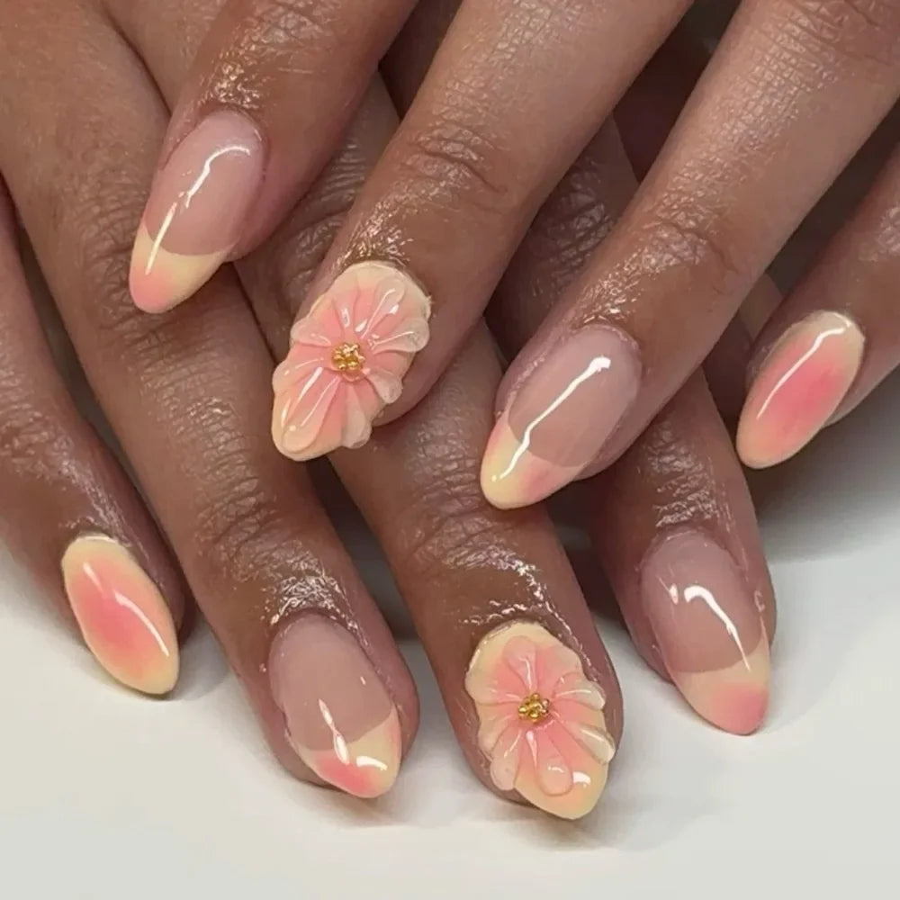 24pcs Long Almond False Nails French Leopard Star Press on Nails Fake Nails DIY Manicure Detachable Nail Tips Zpaxo JP3949