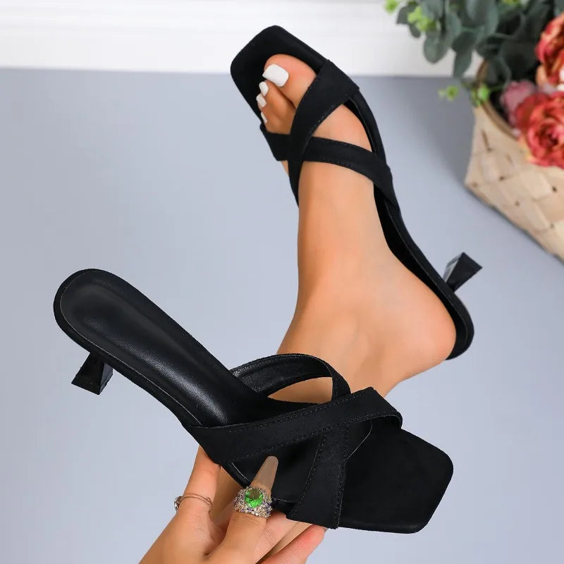 Women's Square Open Toe Comfortable Vintage Thin Heel Slippers 2026 Zpaxo black 39