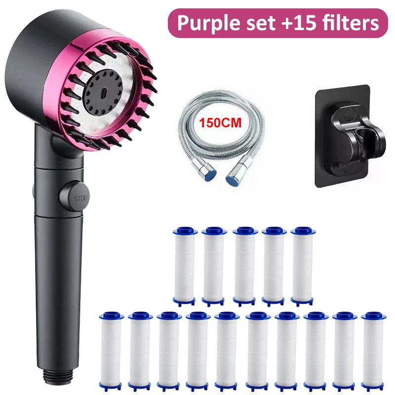 Pressure Massage Showerhead 4 Modes Rainfall Shower Head One-key Stop Zpaxo Purple Set 15 Filter