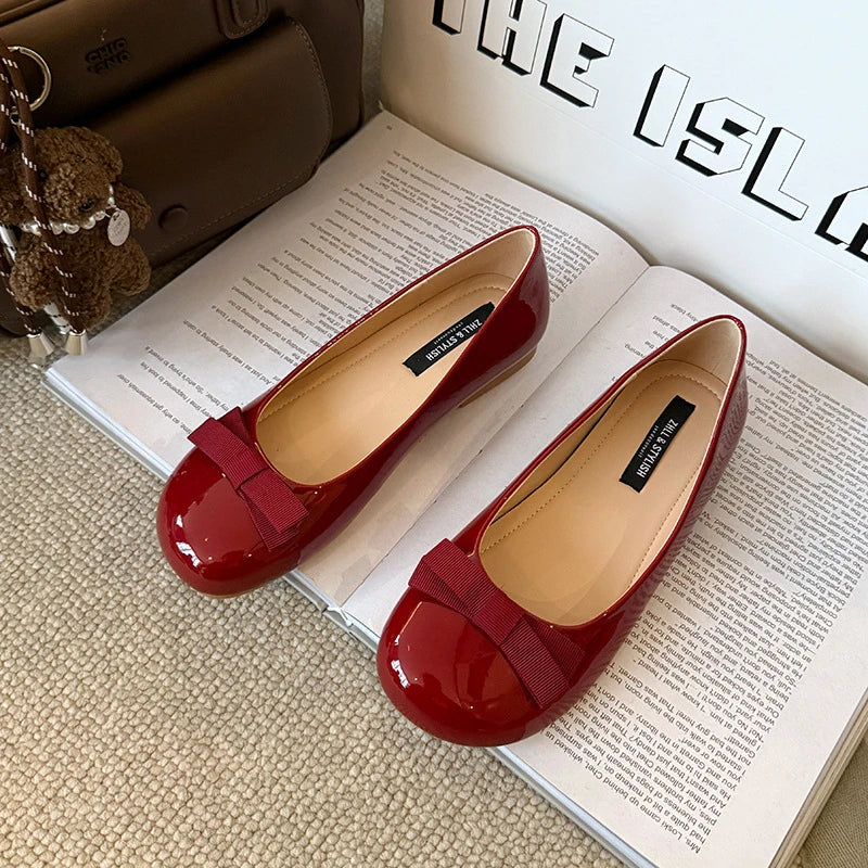 Womens Black Patent Leather Round Toe Wedge Heel Ballet Flats Bow Zpaxo 708-1 Red 35 China Mainland