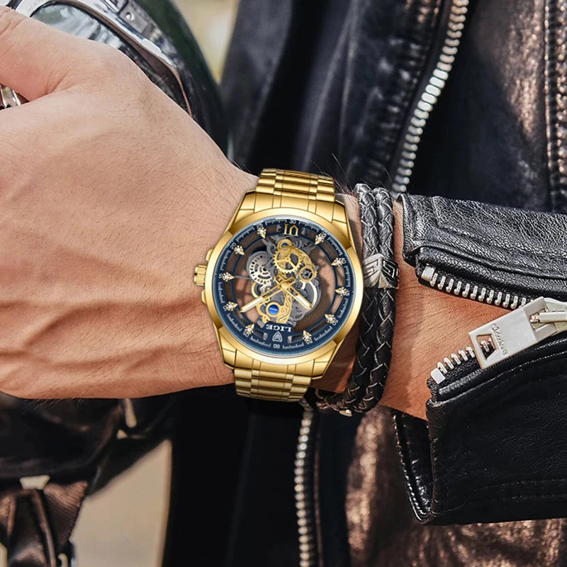 2025 LIGE Men Watch Skeleton Automatic Quartz Watch Gold Skeleton Vintage Man Watch Mens Watches Top Brand Luxury часы мужские Zpaxo