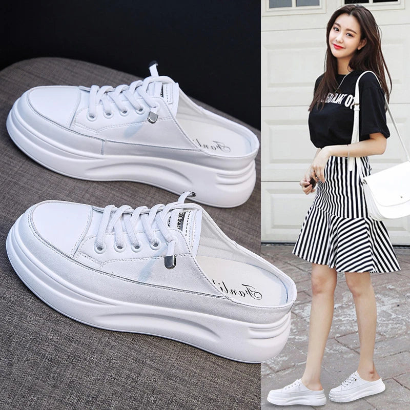 White Platform Mule Sneakers Slip Backless Thick Sole Height Zpaxo