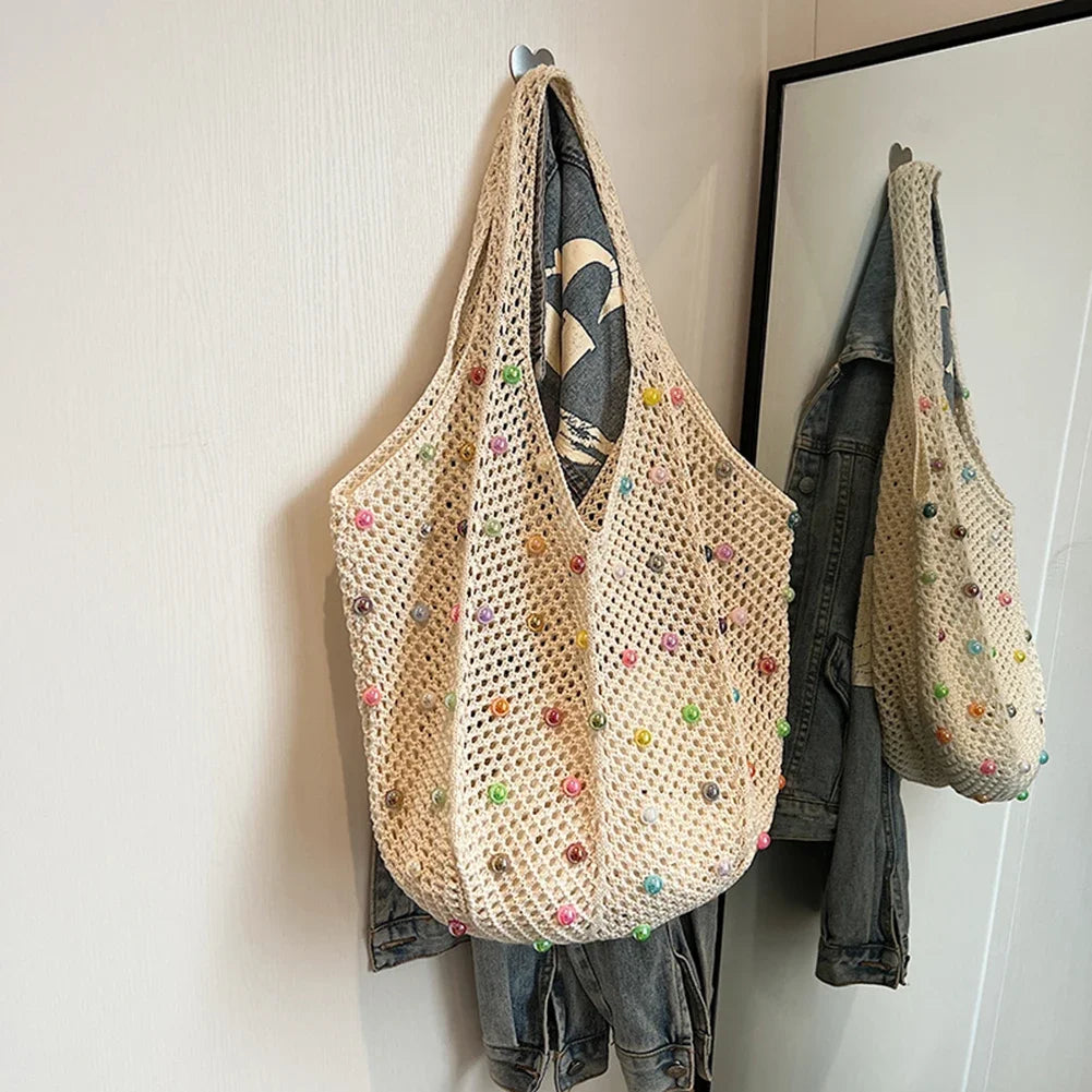 Women Boho Crochet Bag Colored Beads Aesthetic Knit Large Capacity Zpaxo 1pc-White