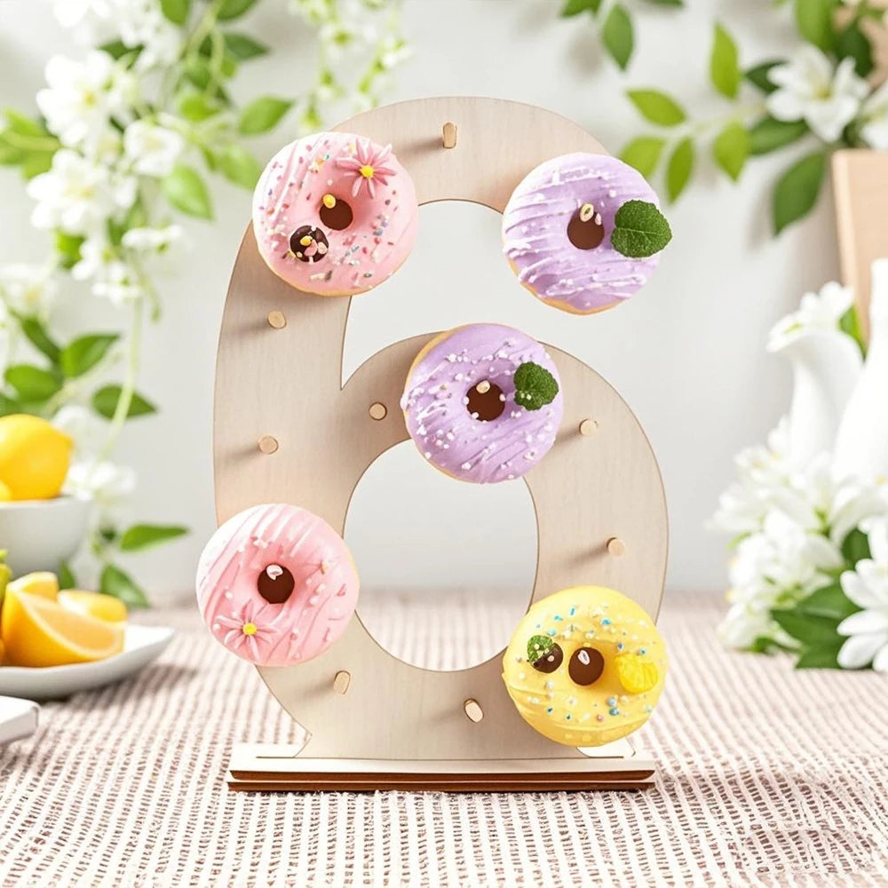 Number 0-9 Wooden Donut Display Stand Holder Board Table Desserts Stand for Birthday Party Wedding Baby Shower Zpaxo