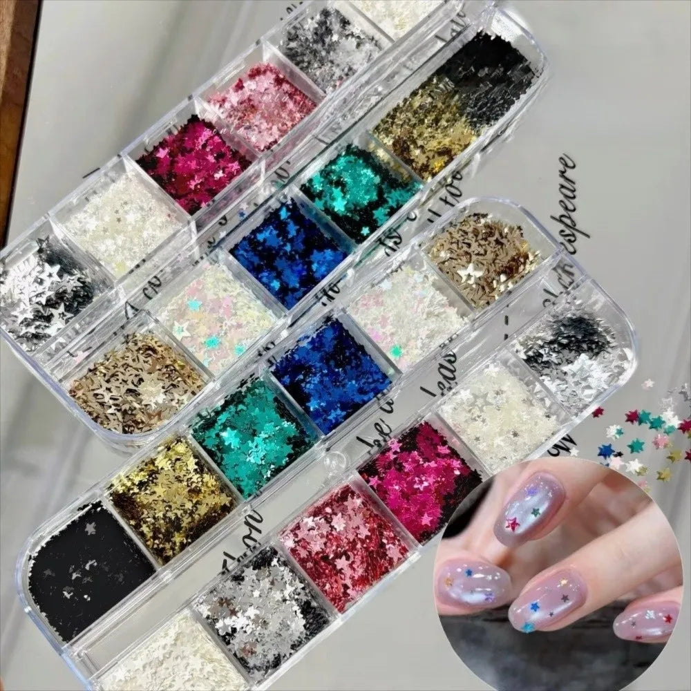 12Grids Box Five-pointed Star Nail Art Charms Sparkling Flakes Mini Zpaxo