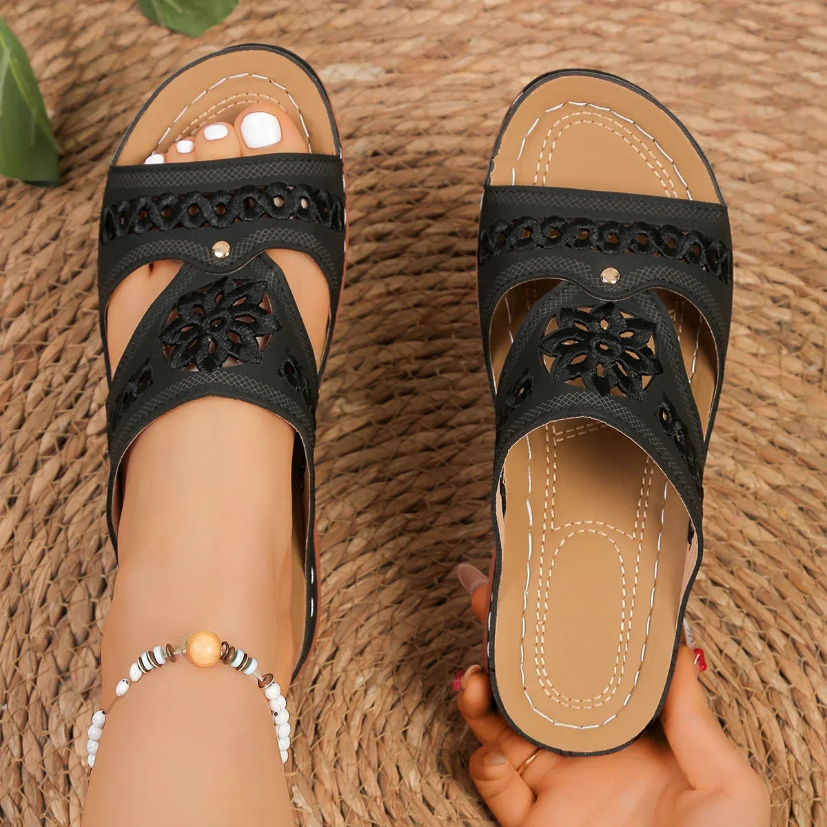 Women Wedge Slippers Summer Premium Orthopedic Sandals Open Toe Zpaxo black 39
