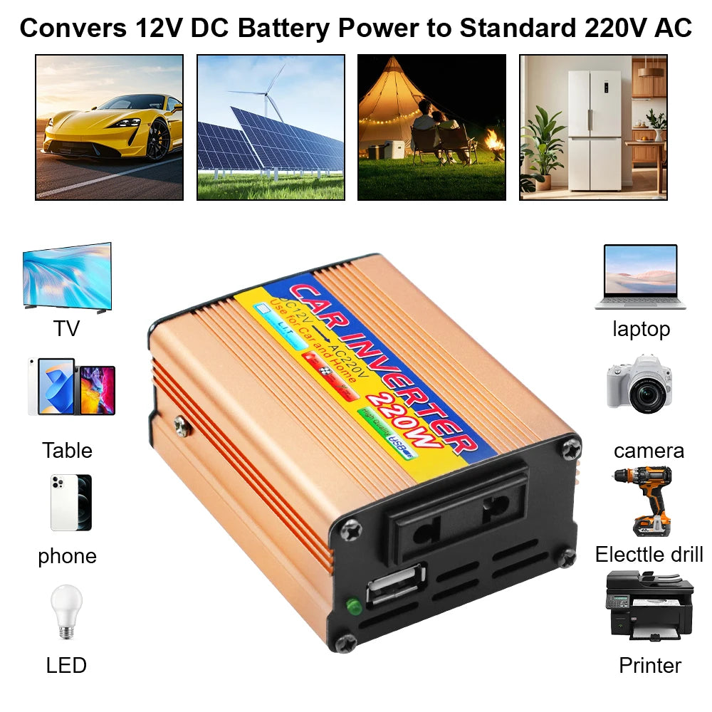 220W Power Inverter Conversion USB Battery Clip Portable Car Mounted