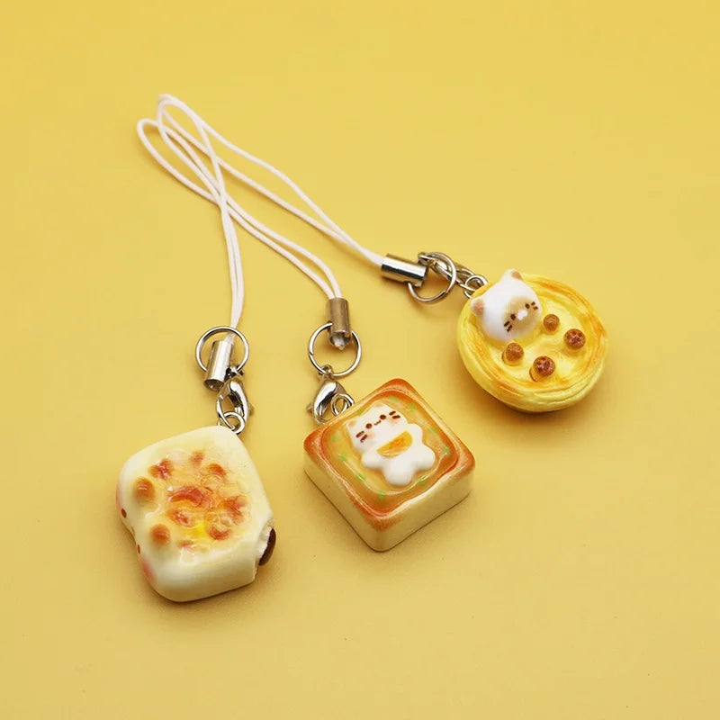 Japanese Cute Cat Bread Mobile Phone Charms Kitten Toast Keychains