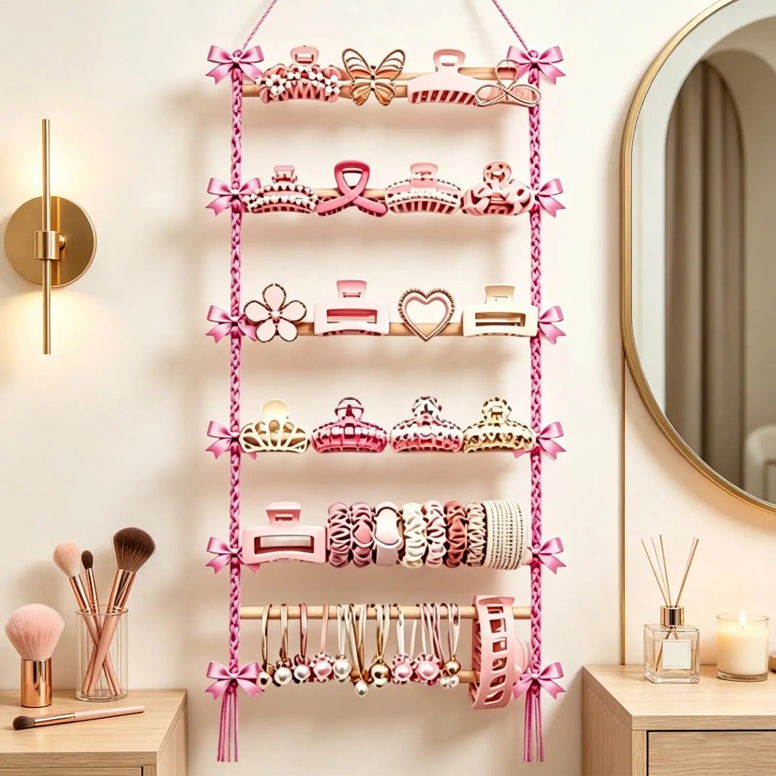 Macrame Hair Accessory Storage Hanging Clip Organizer Pink Bow Holder