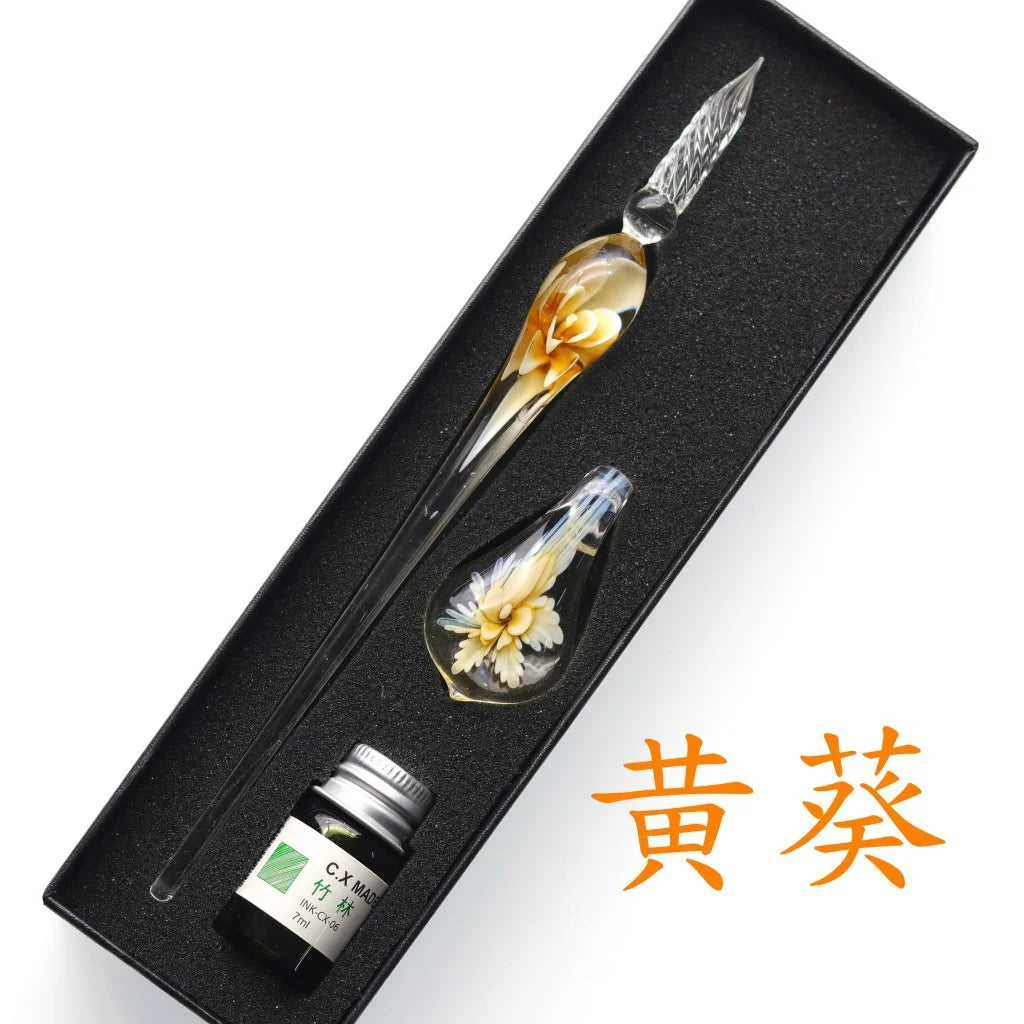 Embedded Flower Glass Dip Pen Set – Starry Sky Gold Ink Gift
