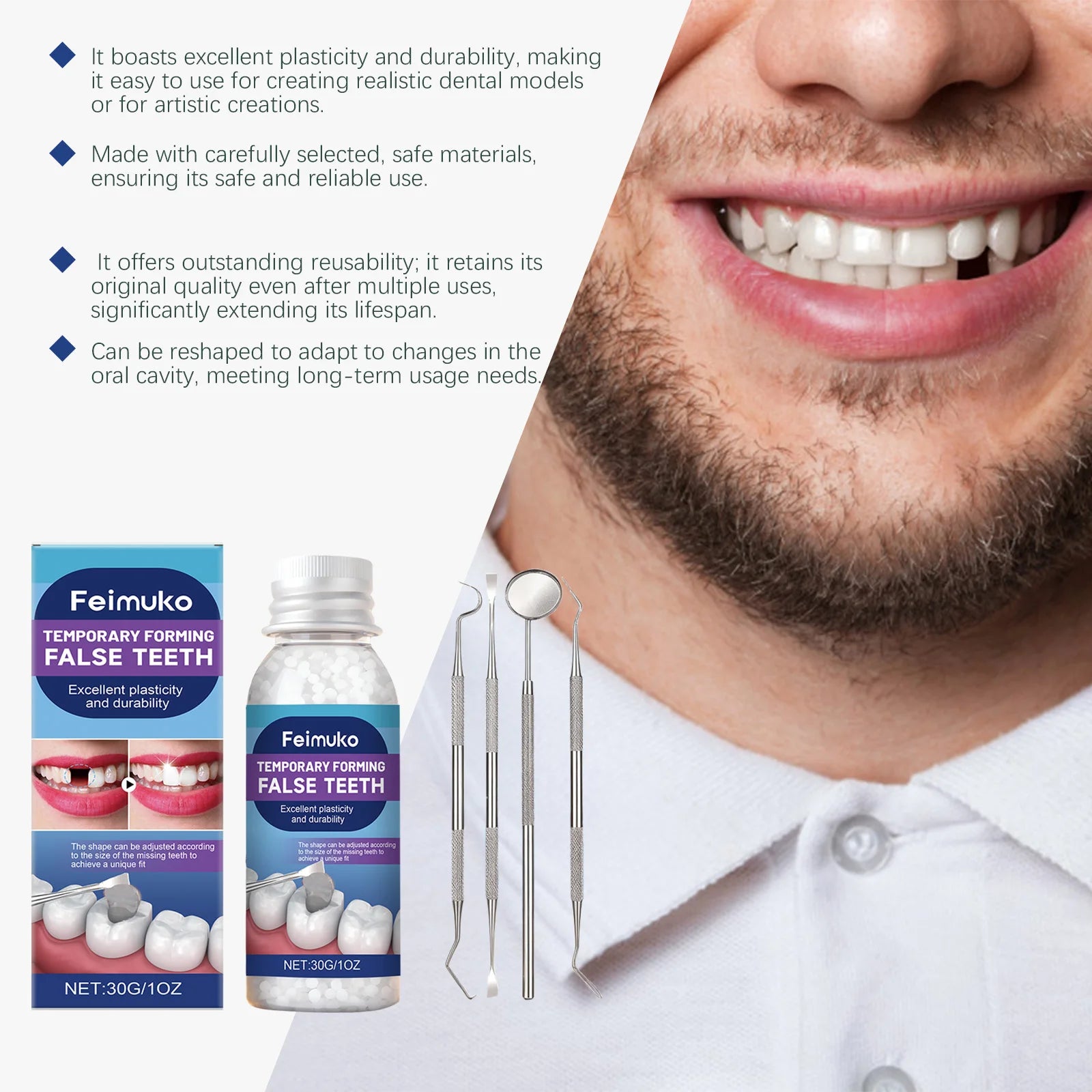 Moldable denture gel for custom false teeth,convenient to use,effectively boosts your smile and restores confident dental beauty Zpaxo