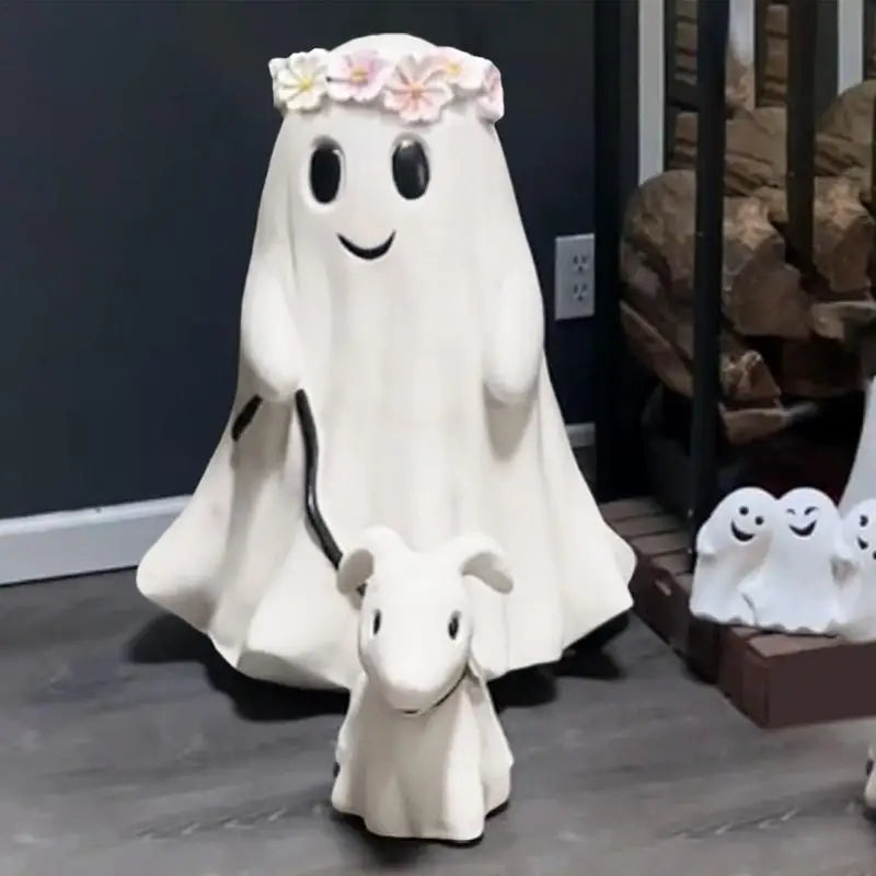Halloween Ghost Walking Dog Statue Spooky Figurine Home Tabletop