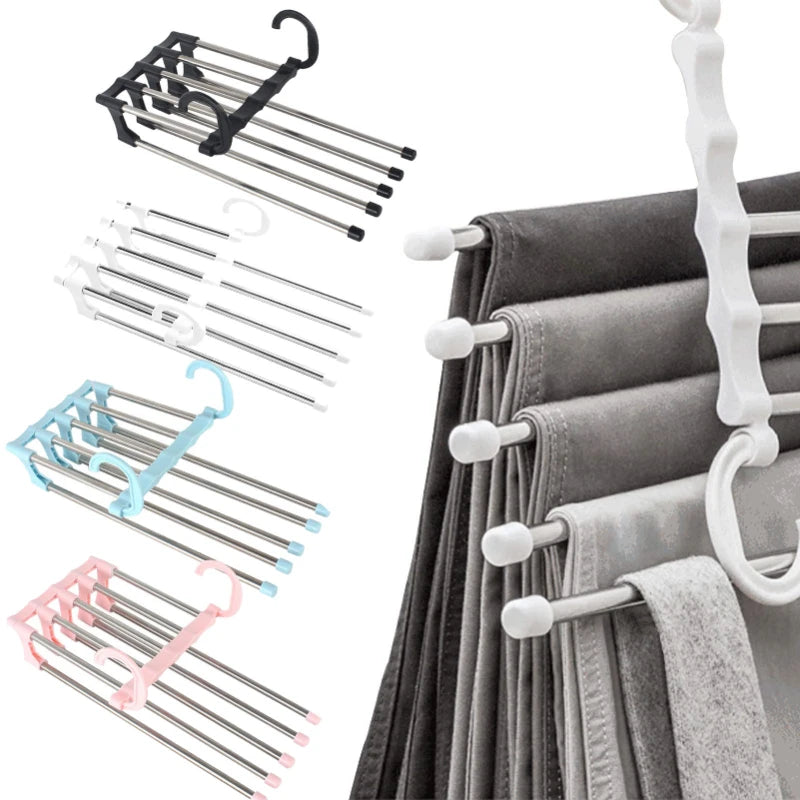 5 in1 Save Space Pants Hanger Collapsible Towel Tie Hook Multi-functional Clothes Trouser Rack Wardrobe Closet Organizer Storage Zpaxo