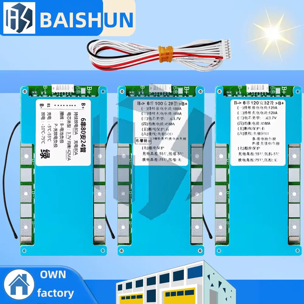 6S 22.2V Li-ion BMS for Ternary 18650 Cells: 80A/100A/120A Protection – Charging Safety, Balancing, Cable & Heat Sink Included Zpaxo