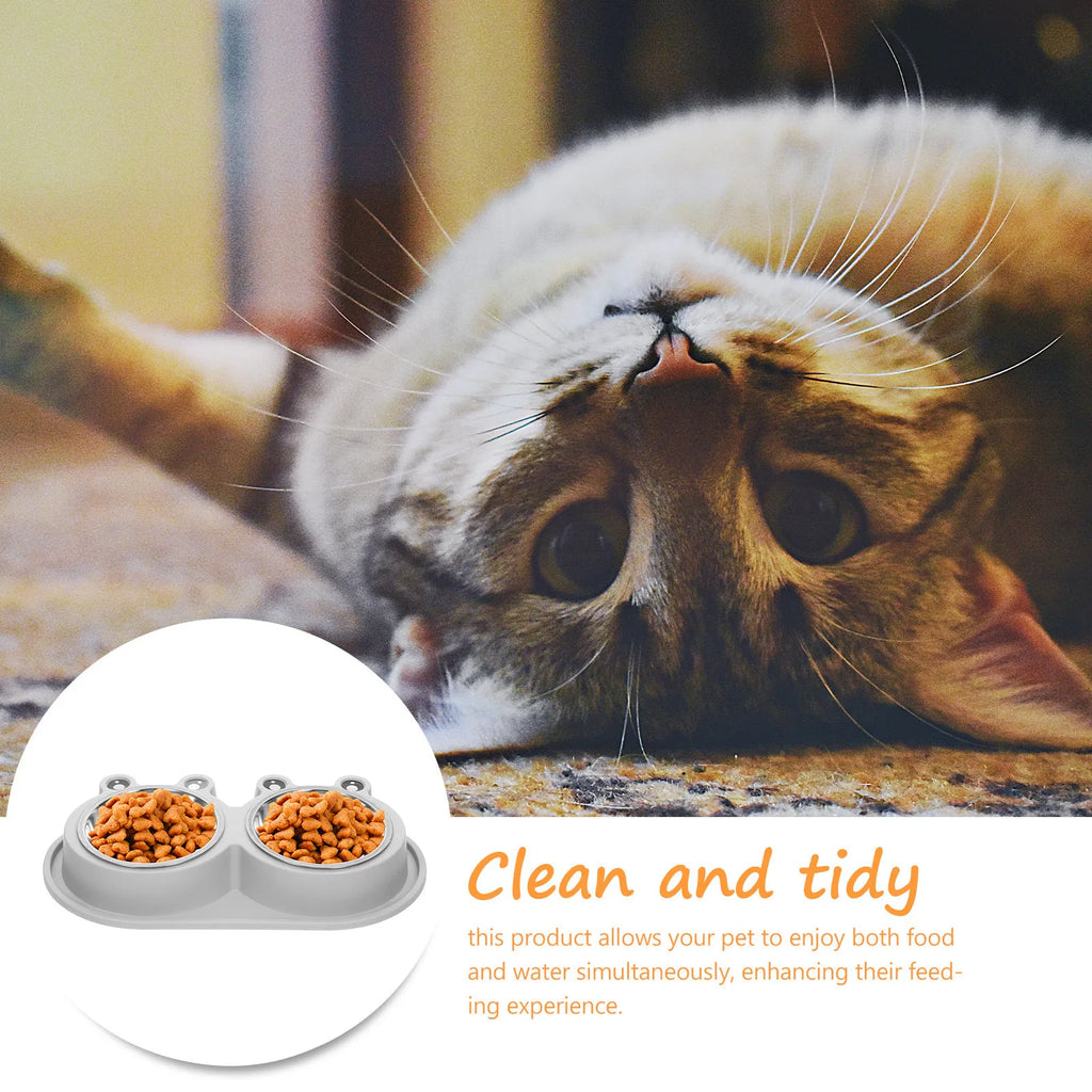Double Pet Feeder Bowl Cats Dogs Moat Design Non-slip Base Stainless