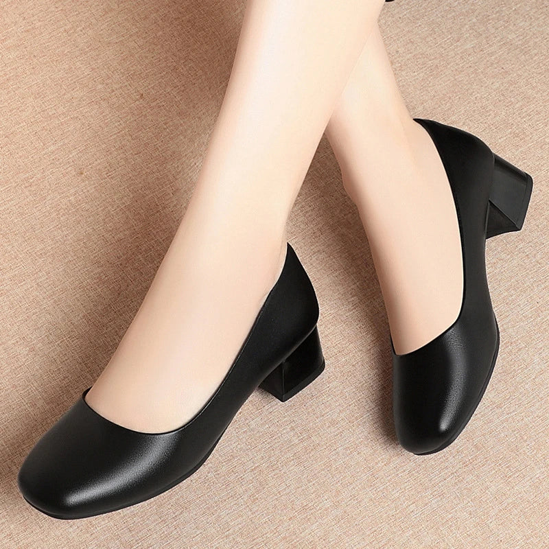 Square Toe Black Leather Shoes Thick Heel Work Women Soft Sole Zpaxo