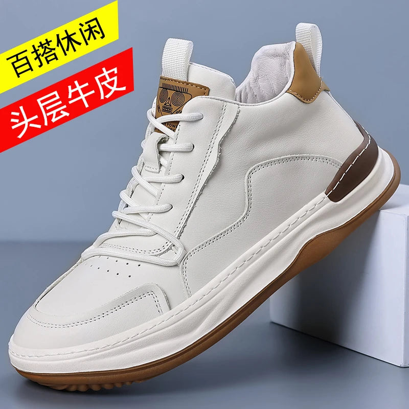 Mens Simple White Brown Leather Mid Sneakers Lace Up Casual Zpaxo 88181 White 39