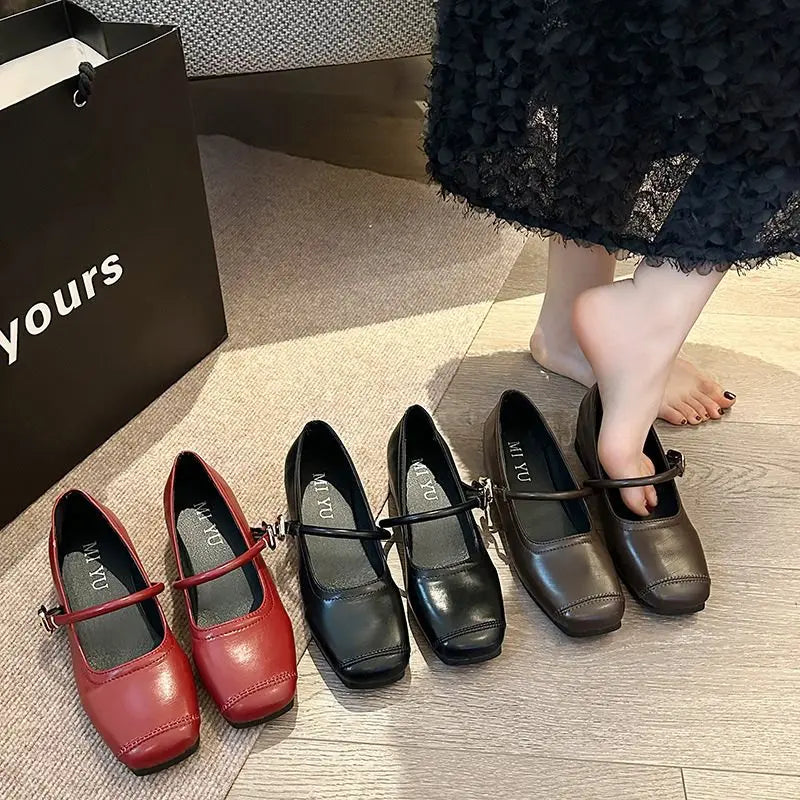 Shoes Women Fashion Medium Heeled Single Soft Comfortable Red Ballet