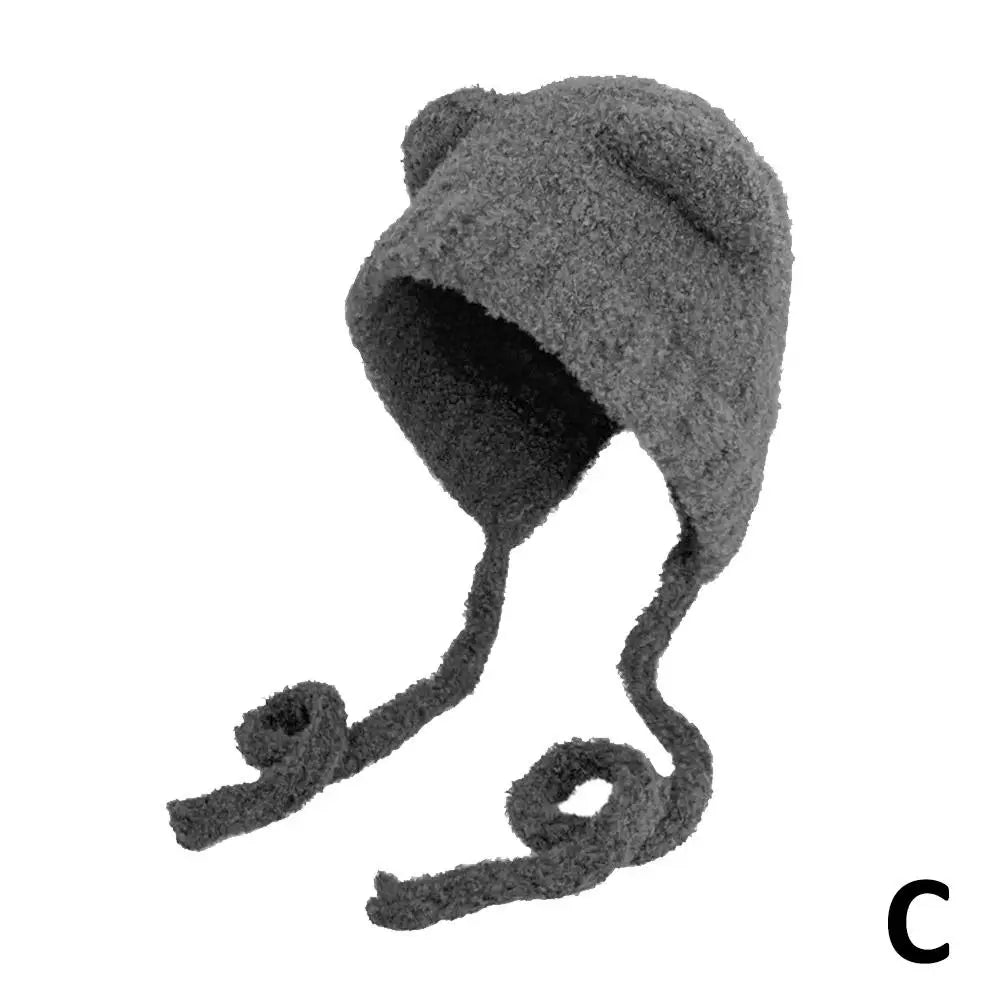 Autumn/Winter Cute Plush Wool Hat with Bear Ear Cold-proof Windproof Knitted Hat Long-lasting Warm for Women Girls Zpaxo C