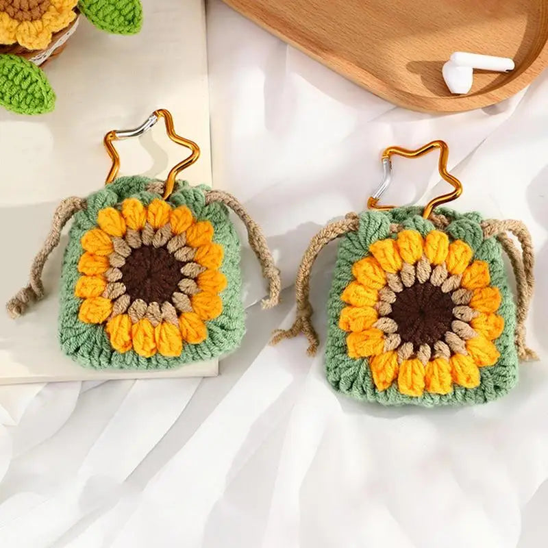 Coin Pouch Keychain Woven Sunflower Keyring Charm Cute Drawstrings Zpaxo