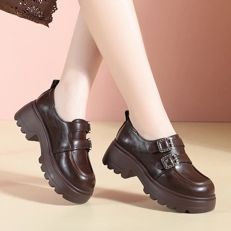 Height Boosting Brown Leather Platform Loafers Double Buckle Non Slip Zpaxo MQ5866 Brown 41(insole 25.1cm) China Mainland