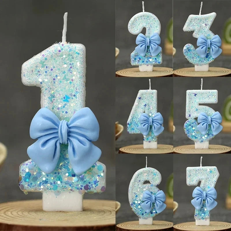 Blue Bow Glitter Number Birthday Candles Baby's First Cake