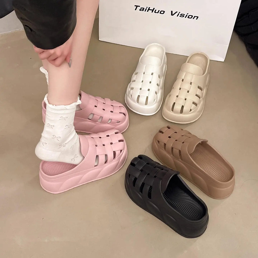 SHAJI Women Cloud Woven Sandals Closed Toe Hollow Thick Sole Slides