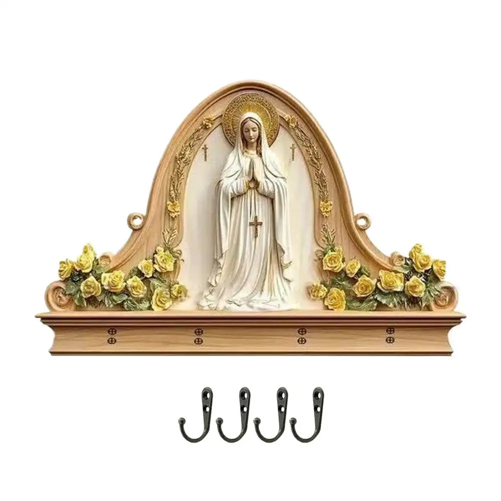 Key Holder Wall Mount Wood Religious Space Saving Hanger 4 Hooks