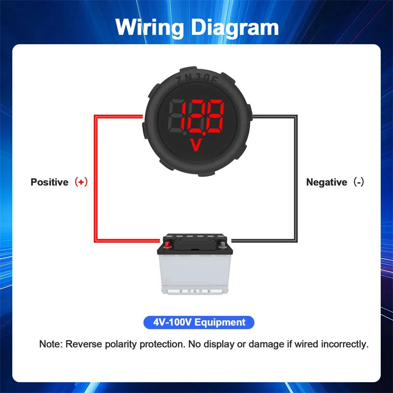 DC 4–100V LED Digital Voltmeter | IP67 Waterproof Panel Gauge