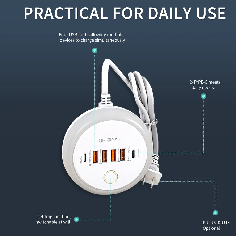 50W 6-Port USB Charging Station – Type-C Fast Charger Night Light USB Charging Station Zpaxo