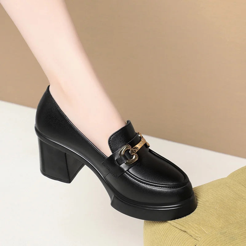 Heels Work Shoes Black Metal Buckle Loafer Catwalk Women's Leather Zpaxo