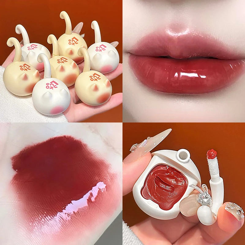 Rose Red Mirror Watery Lip Gloss Lightweight Non-greasy Cat Shaped Lip Jelly Moisturizing Hydrating Lipstick Women Cosmetics Zpaxo