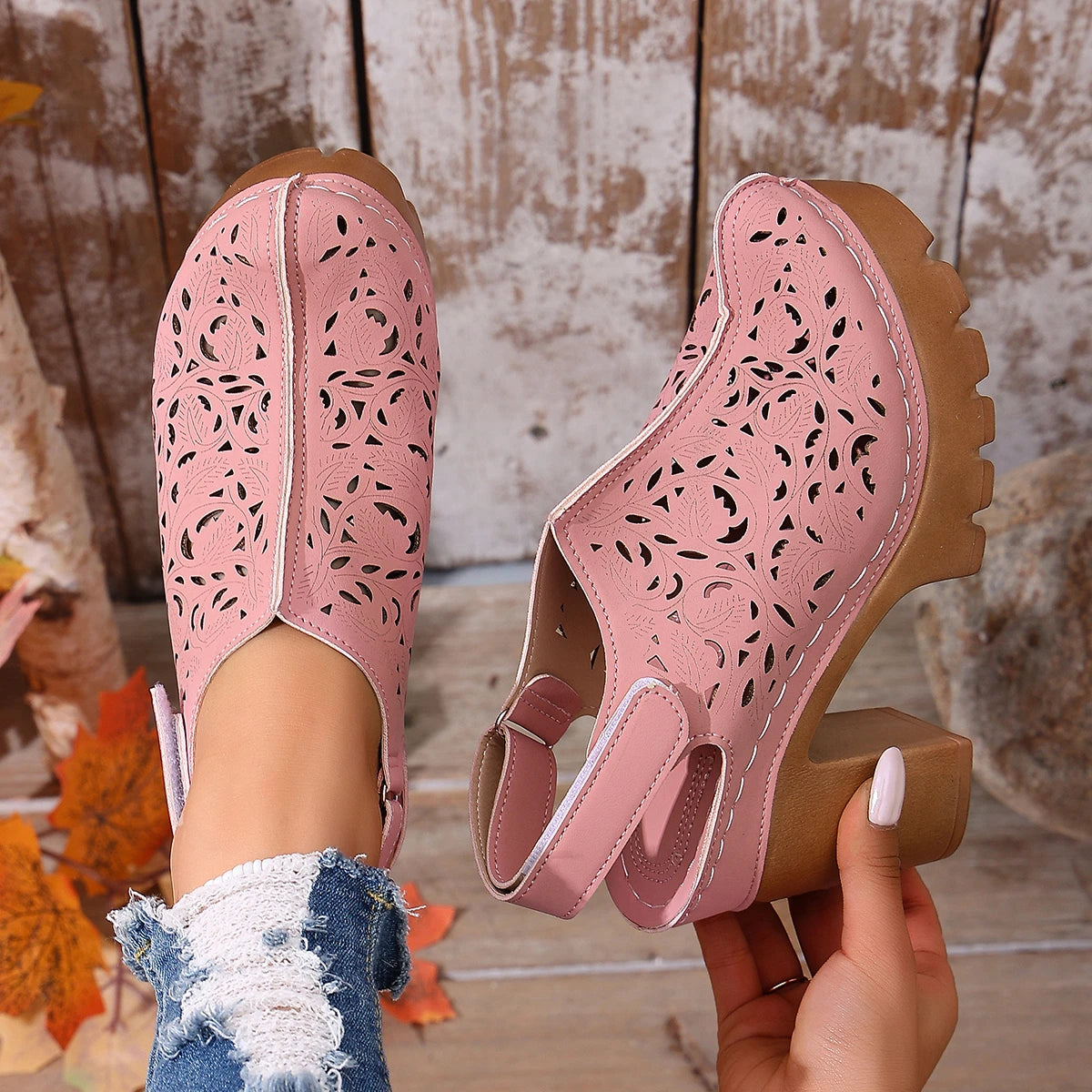 Large Size Women Thick Heel Sandals 2026 New Roman Style Shoes Trend Leather Sandals Hollow Breathable Toe-cap Shoes for Women Zpaxo Pink 40