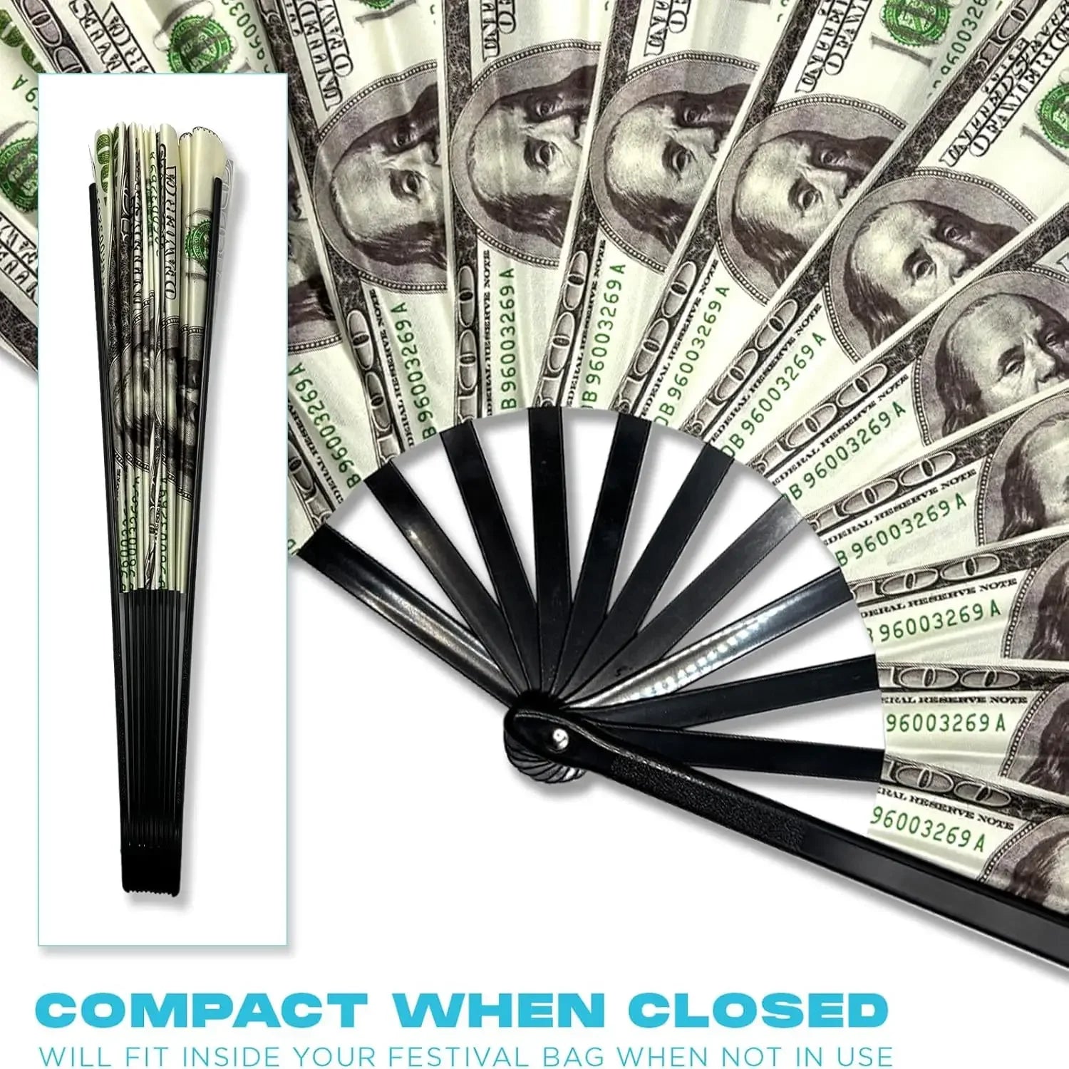 Realistic Dollar Bill Printed Handheld Fan Lightweight Plastic