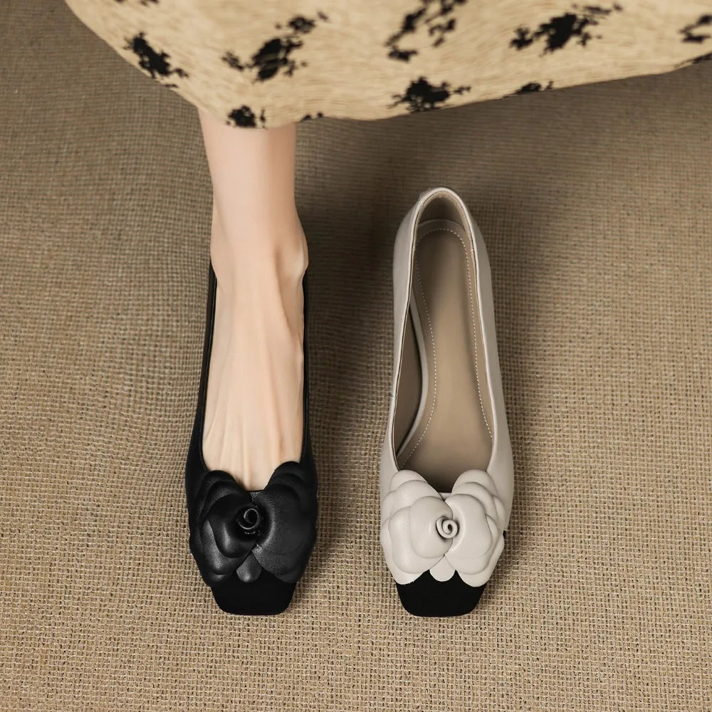 Fashion Flower Single Shoes Autumn Square Toe Shallow Mouth Slip-on